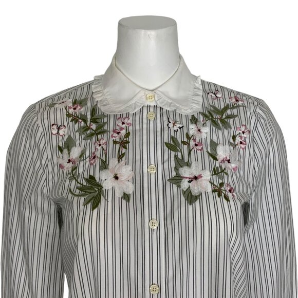Kate Spade Embroidered Ruffle Top Blouse XS White Black Stripe Floral - Picture 9 of 14